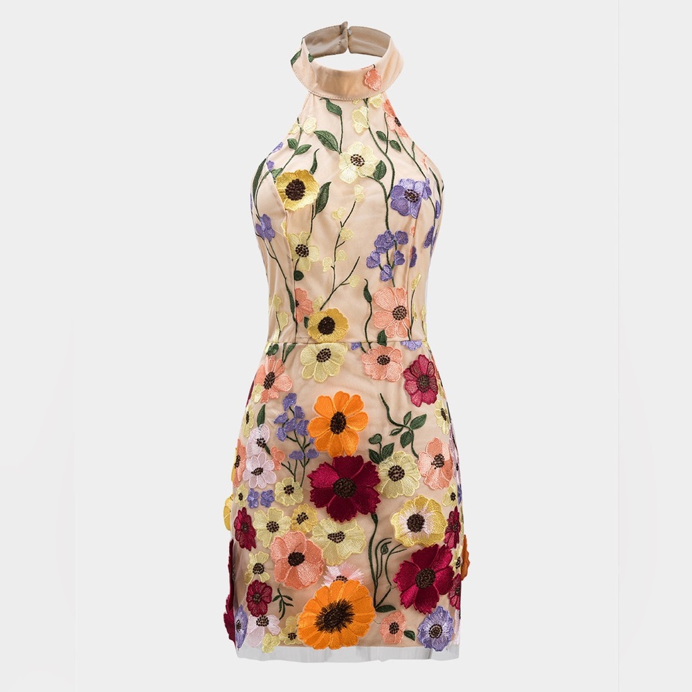 Floral Embroidered Halter Dress M mc4